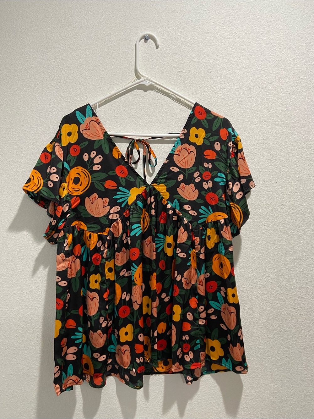 entro Black Floral V-Neck Tie-Back Blouse with Yellow & Peach Blooms